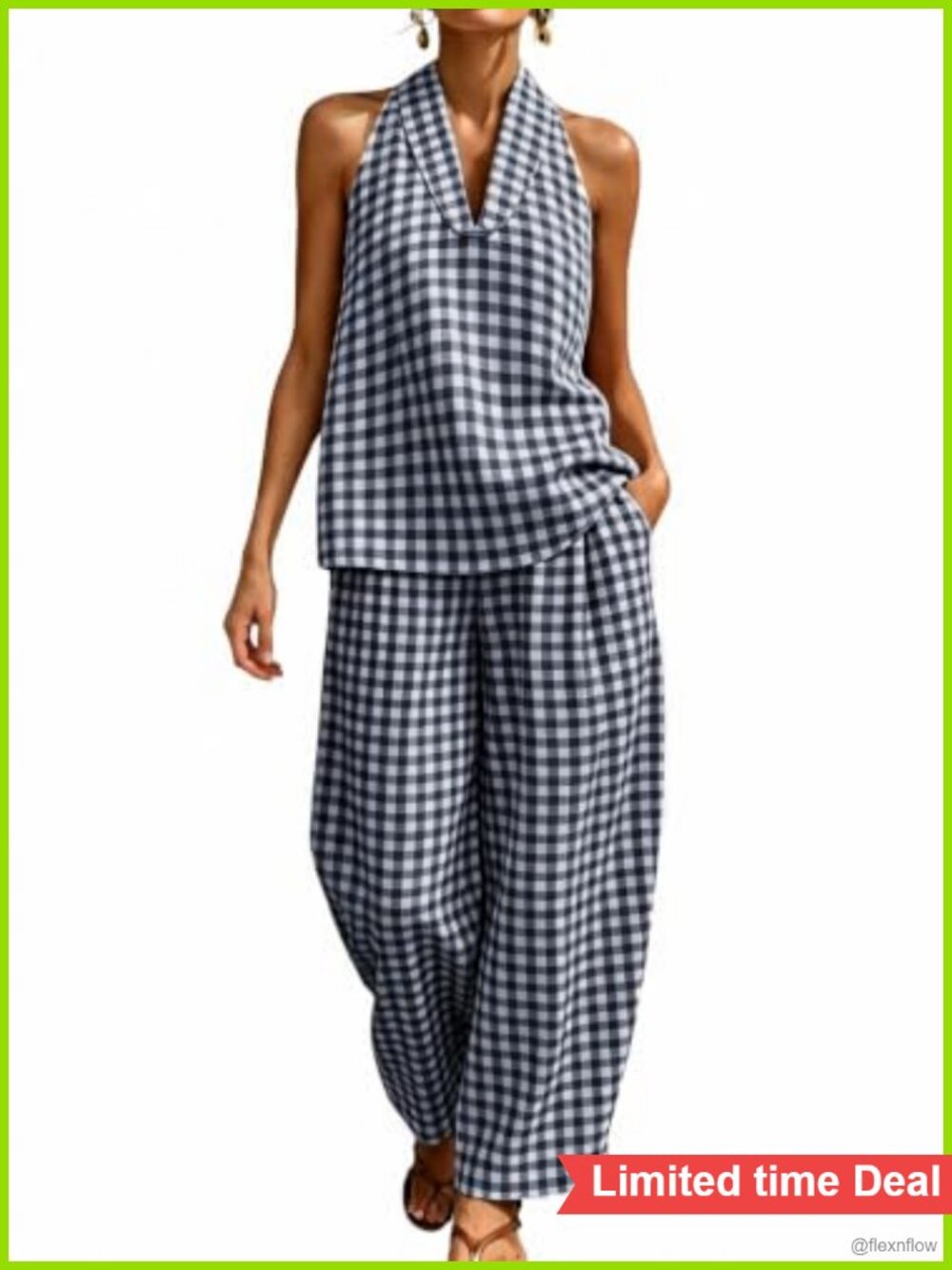 Women's Gingham Halter Crop Top & Wide Leg Pants Set Cotton Blend Lounge